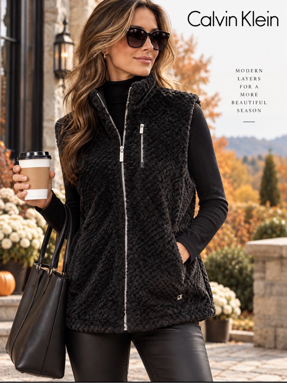 Calvin Klein Black Plush Faux Fur Zip Vest | Size Large | NWT